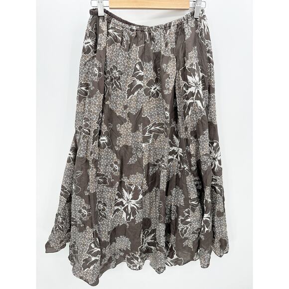 Charter Club Skirt Women 4 Brown White Floral Print Elastic Waist 100% Silk Maxi - Picture 1 of 7